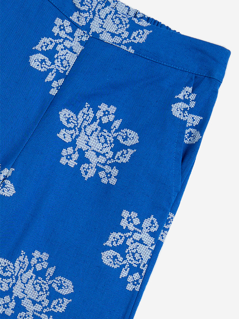 westisde Utsa Kids Girls' Blue Floral Cotton-Blend Ethnic Pants - (2-8yrs) for Ethnic Wear Zoom View