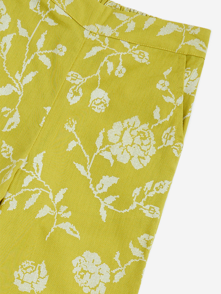 westisde Utsa Kids Girls' Lime Floral Cotton-Blend Ethnic Pants - (2-8yrs) for Ethnic Wear Zoom View