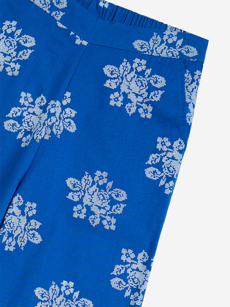westisde Utsa Kids Girls' Blue Floral Cotton-Blend Ethnic Pants - (8-14yrs) for Ethnic Wear Zoom View