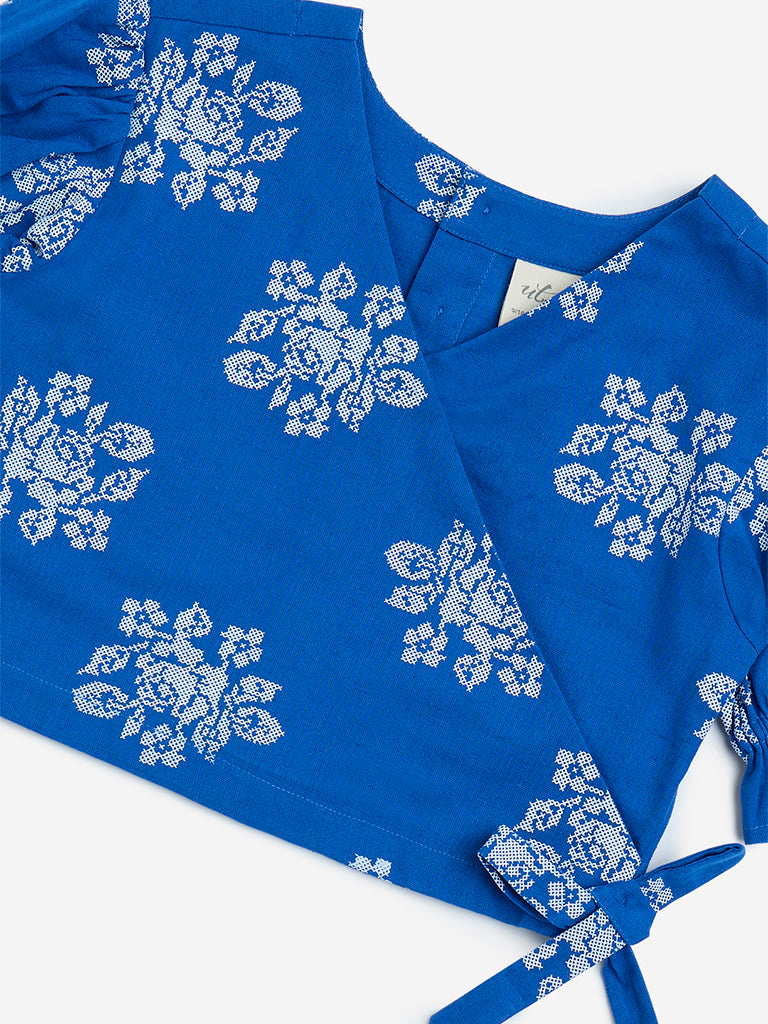 westisde Utsa Kids Girls' Blue Floral Design Cotton-Blend Ethnic Top - (8-14yrs) for Ethnic Wear Zoom View