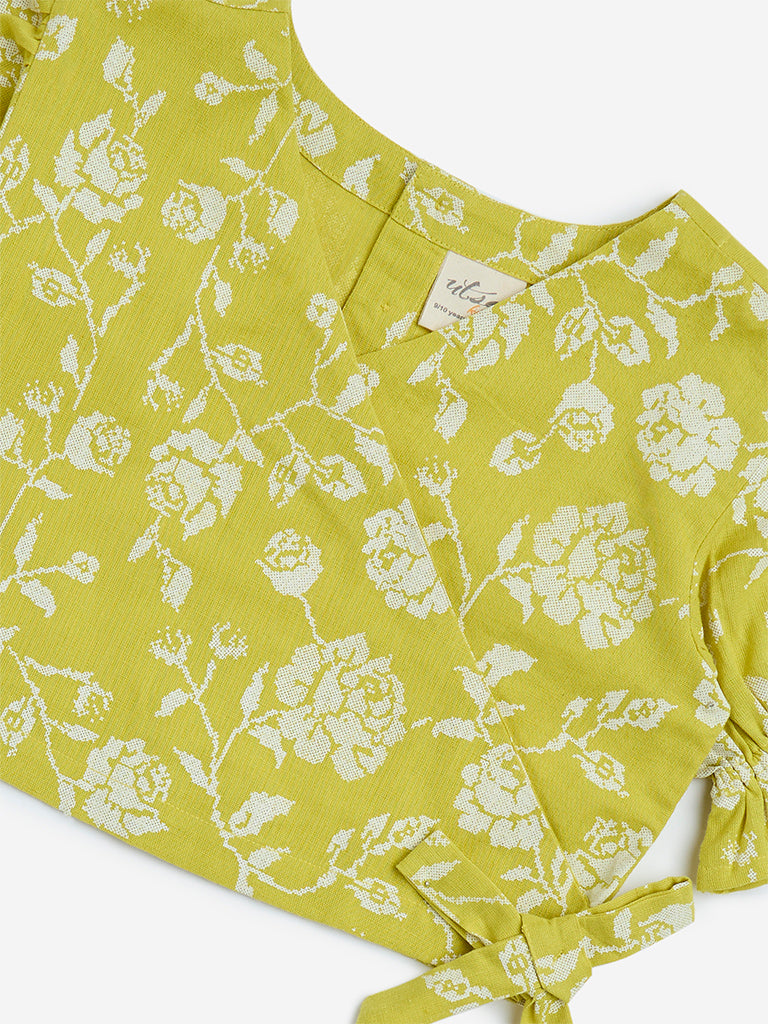 westisde Utsa Kids Girls' Lime Floral Cotton-Blend Ethnic Top - (8-14yrs) for Ethnic Wear Zoom View