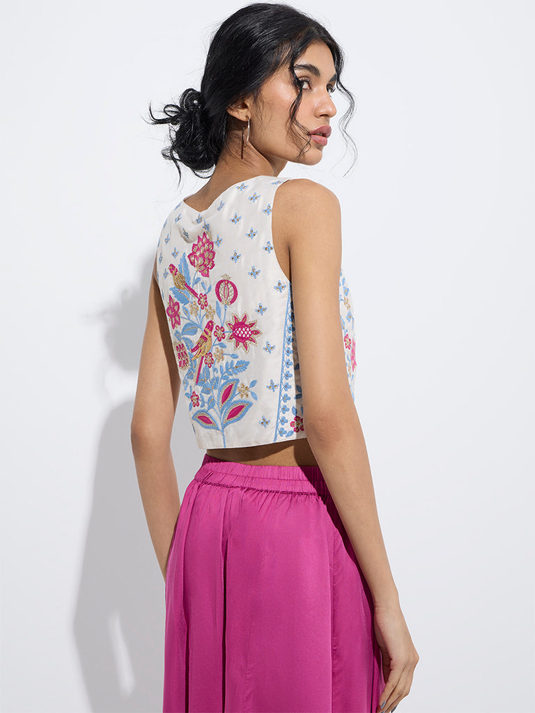westisde Vark Women's Off-White Floral Embroidered Ethnic Top for Festive Wear Back View