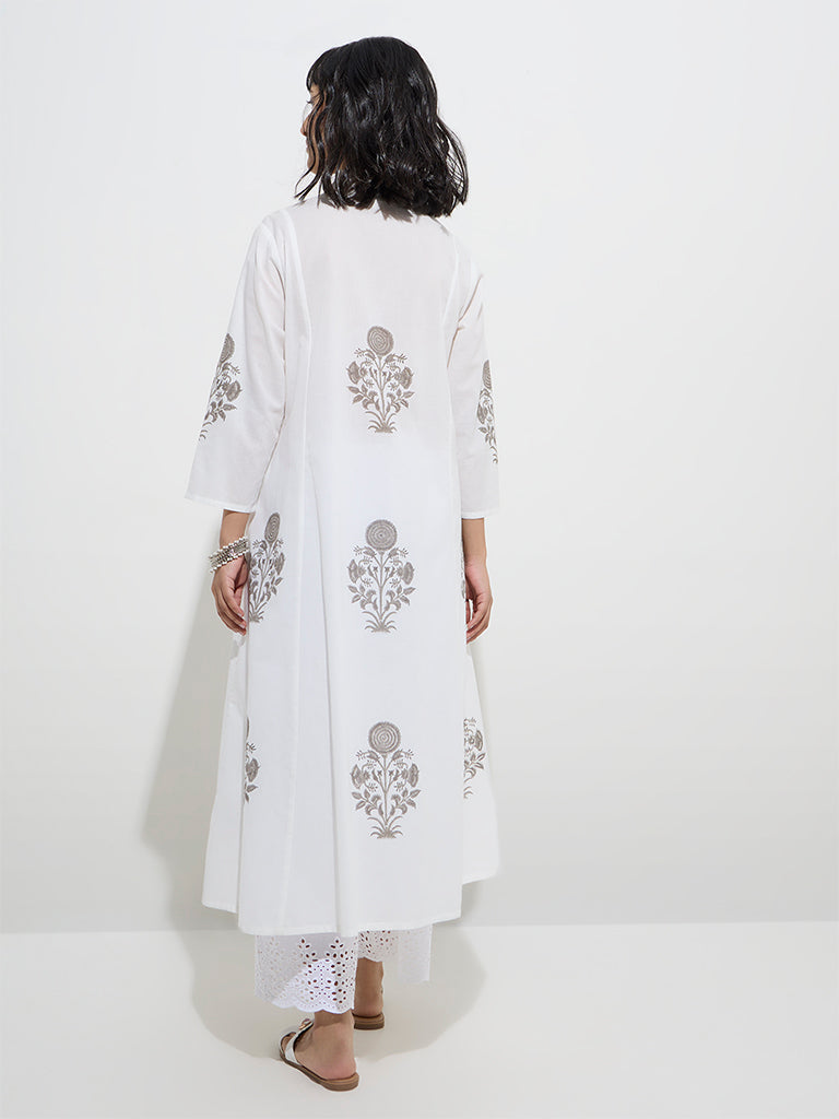 Westside Utsa Women's Grey Floral Butta Printed Cotton A-Line Kurta for Work Wear Back View