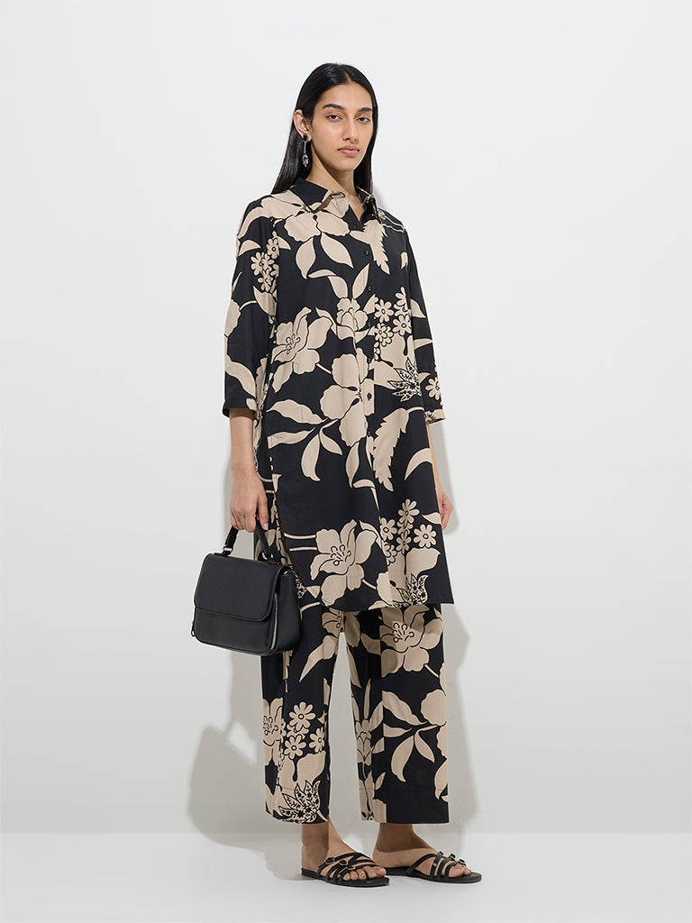 Buy Utsa Black Floral Design A-Line Kurta from Westside