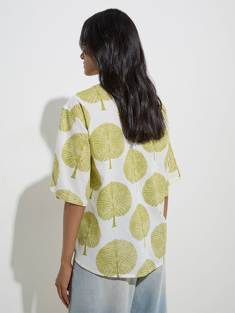 Westside Utsa Women's Olive Leaf Printed Cotton Ethnic Shirt for Everyday Back View