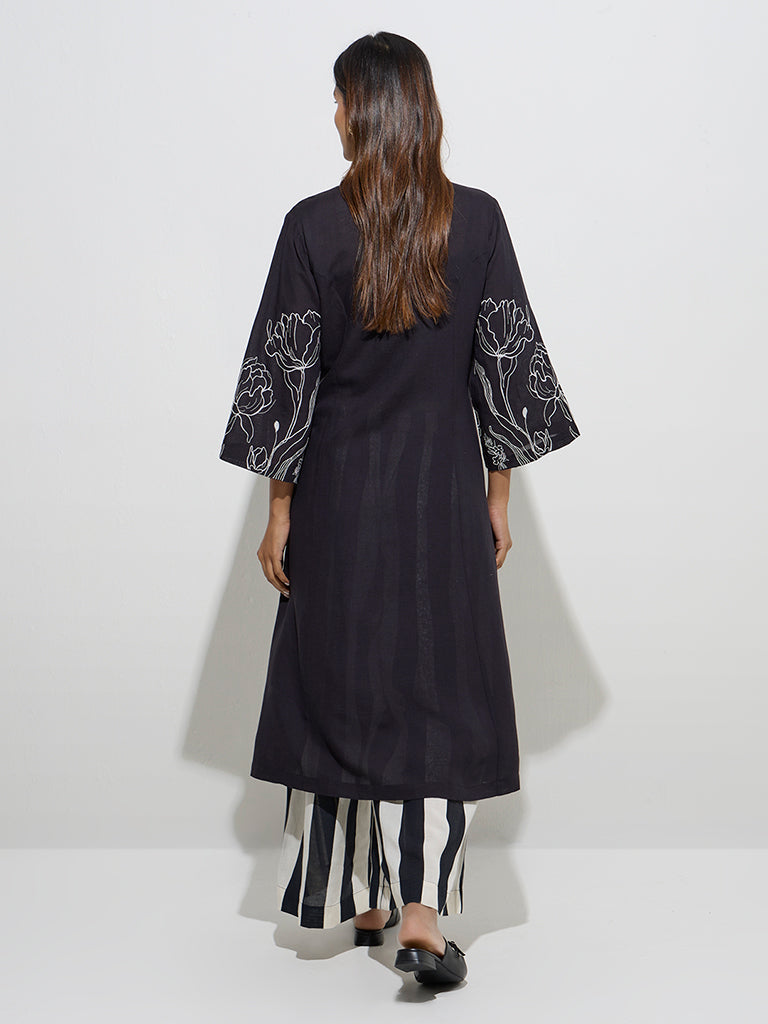 Westside Zuba Women's Black Floral Embroidered A-Line Kurta for Work Wear Back View