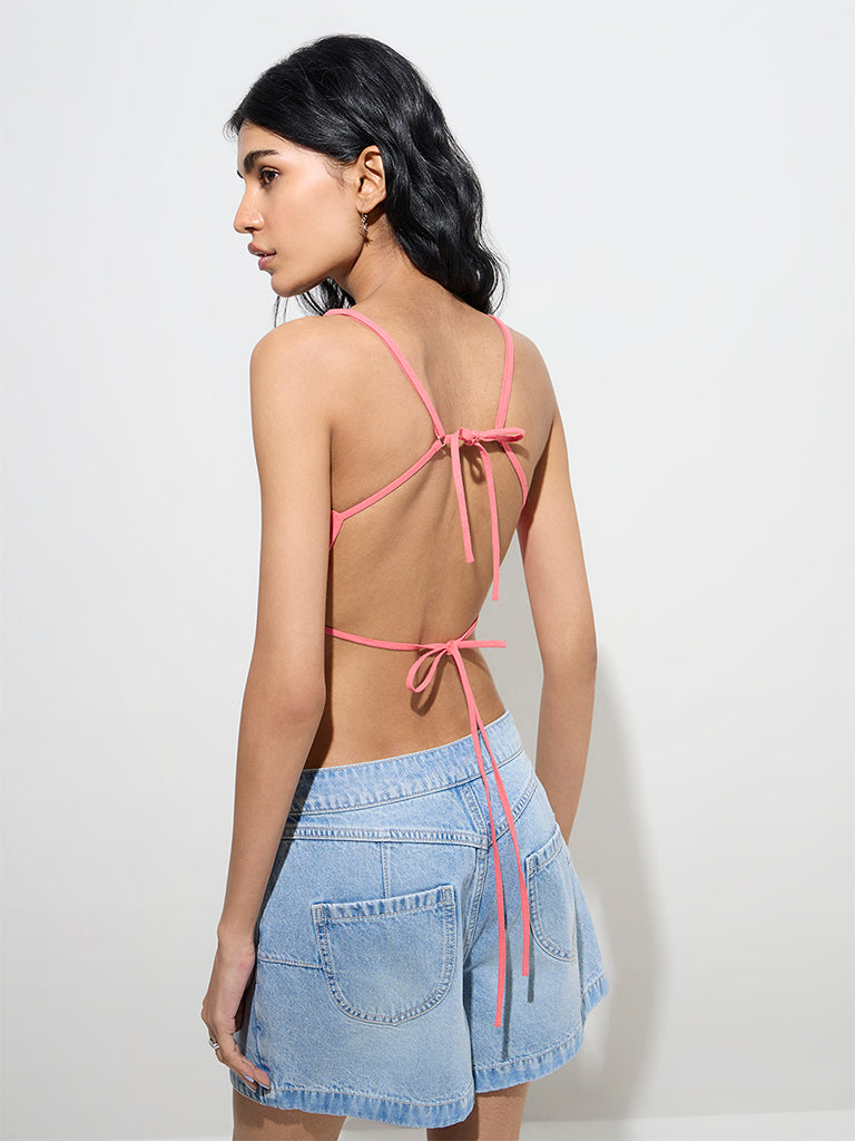 Westside Nuon Women's Coral Flower Cut-Out Cotton-Blend Top for Casual Wear Back View