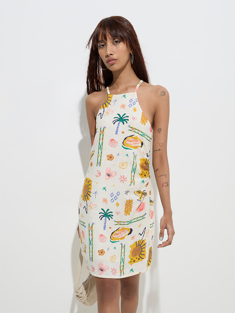 Nuon Off-White Nature-Inspired Straight Cotton Dress
