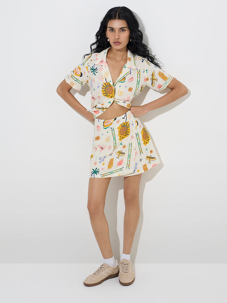 Westside Nuon Women's Off-White Printed High-Rise Skorts for Casual Wear Front View