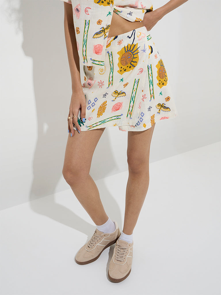Westside Nuon Women's Off-White Printed High-Rise Skorts for Casual Wear Front View
