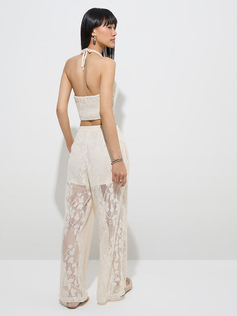 Westside Nuon Women's Off-White Crochet-Detailed Mid-Rise Cotton-Blend Pants for Casual Wear Back View