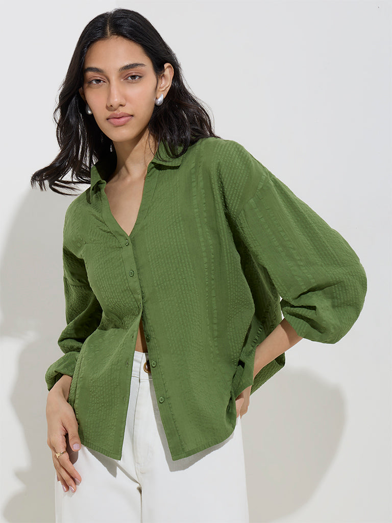 Westside LOV Women's Olive Seersucker Striped Cotton Shirt for Casual Wear Front View
