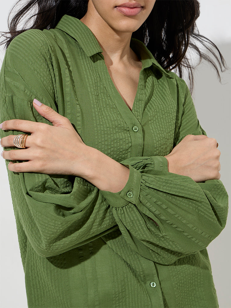 Westside LOV Women's Olive Seersucker Striped Cotton Shirt for Casual Wear Zoomed View