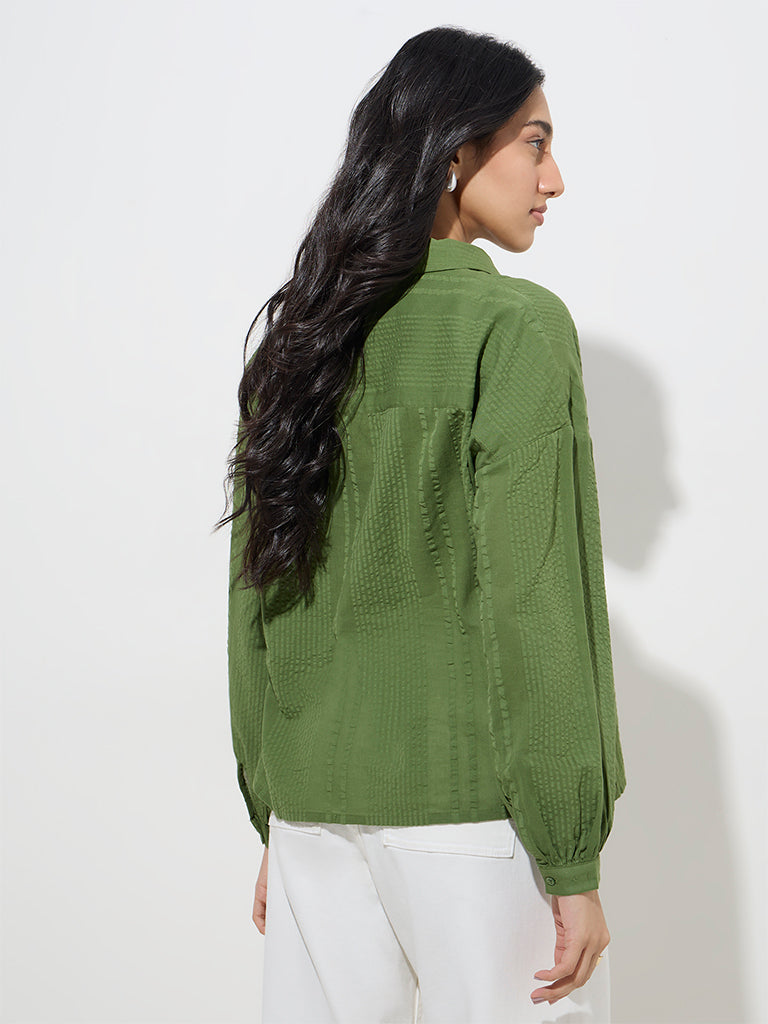 Westside LOV Women's Olive Seersucker Striped Cotton Shirt for Casual Wear Back View