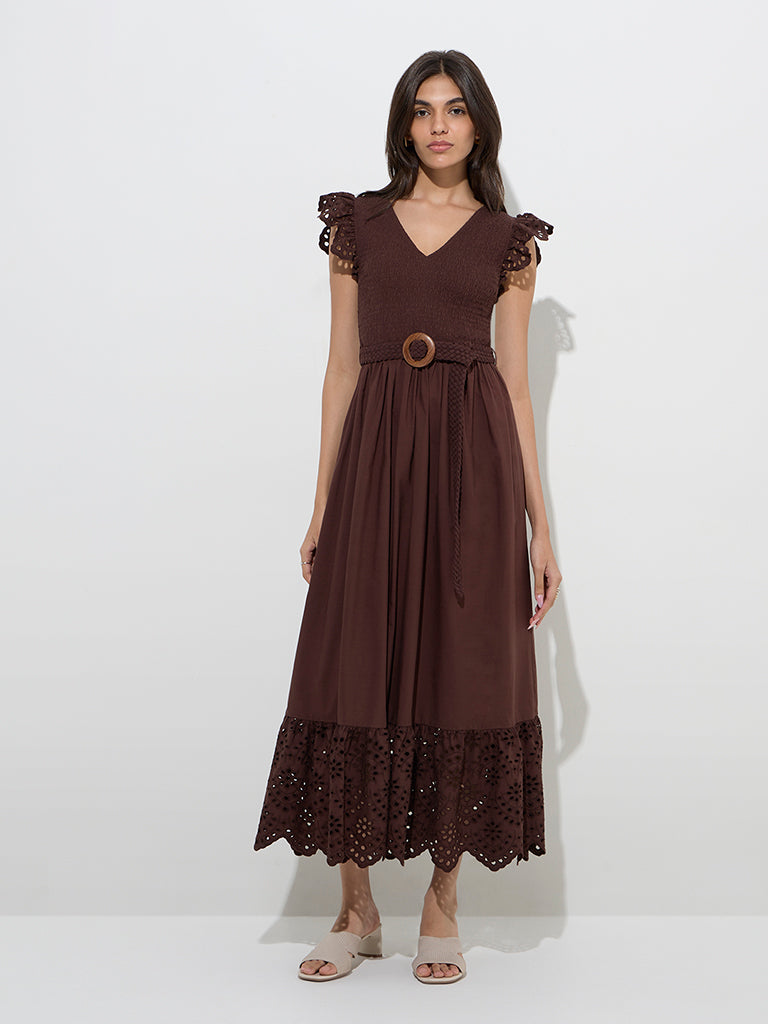 Buy LOV Dark Brown Smocked Cotton A-Line Dress with Belt from Westside