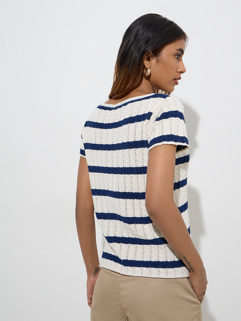 Westside LOV Women's Navy Striped Knit-Textured Cotton-Blend Top for Casual Wear Back View