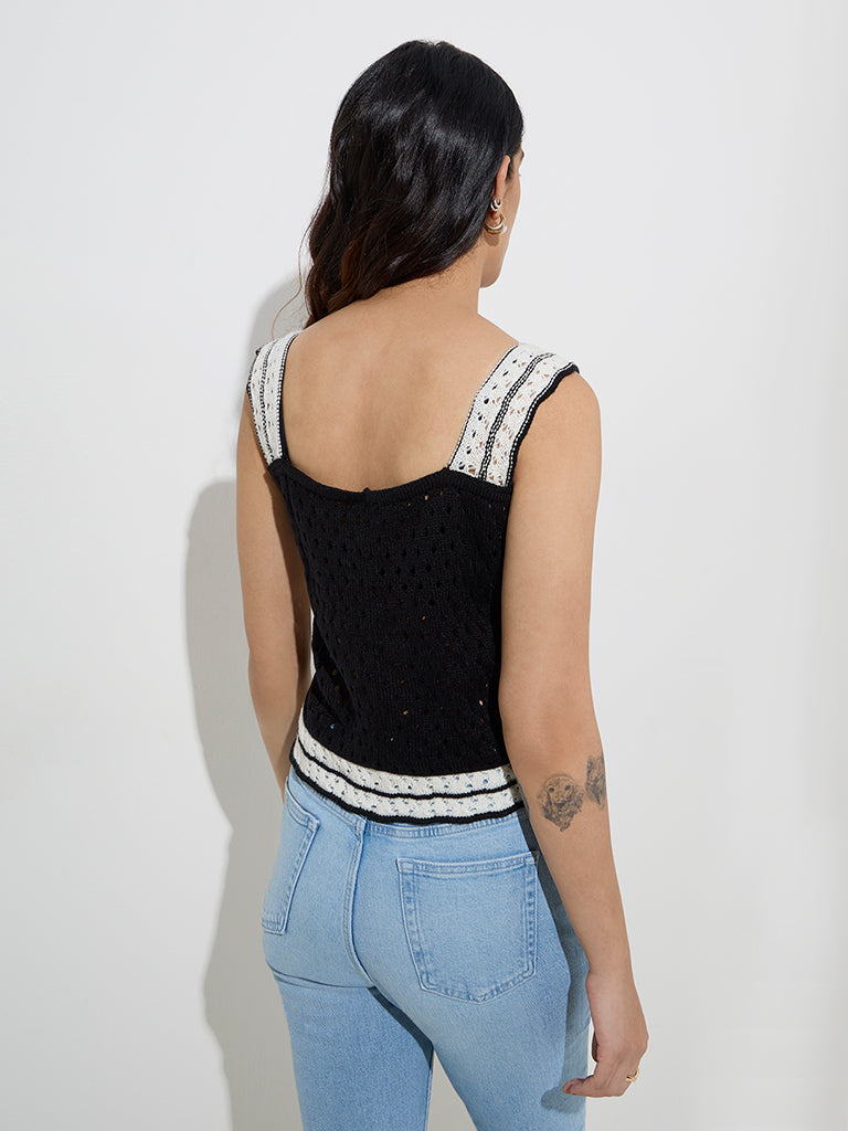 Westside LOV Women's Black Crochet-Knitted Top for Casual Wear Back View