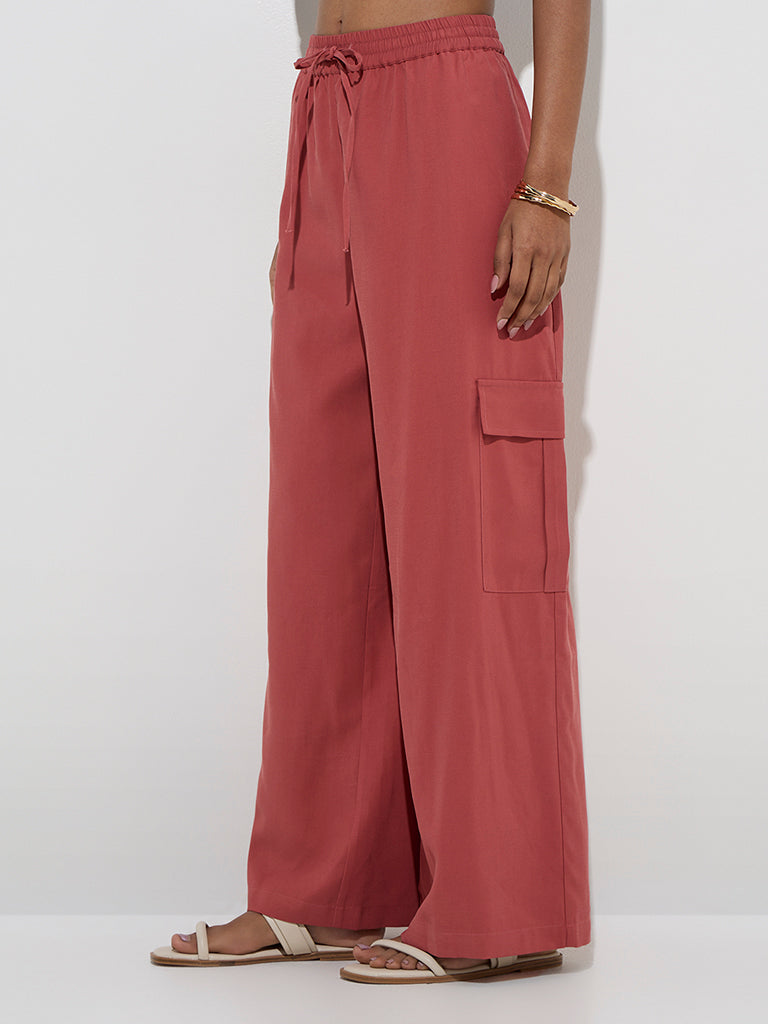 Westside LOV Women's Dusty Pink Wide-Leg High-Rise Pants for Casual Wear Front View