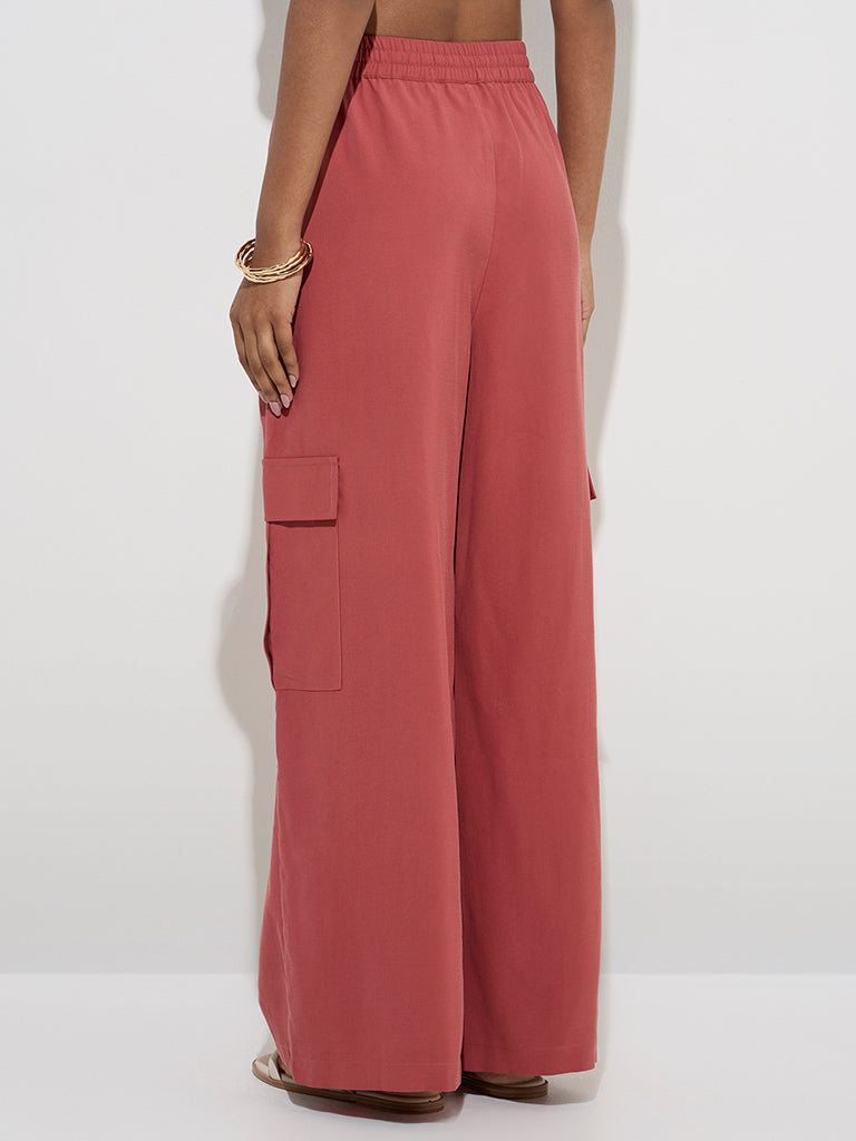 Westside LOV Women's Dusty Pink Wide-Leg High-Rise Pants for Casual Wear Back View