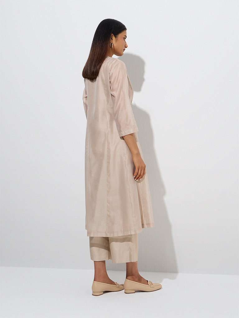 westisde Zuba Women's Beige Embroidered A-Line Kurta with Inner for Work Wear Back View