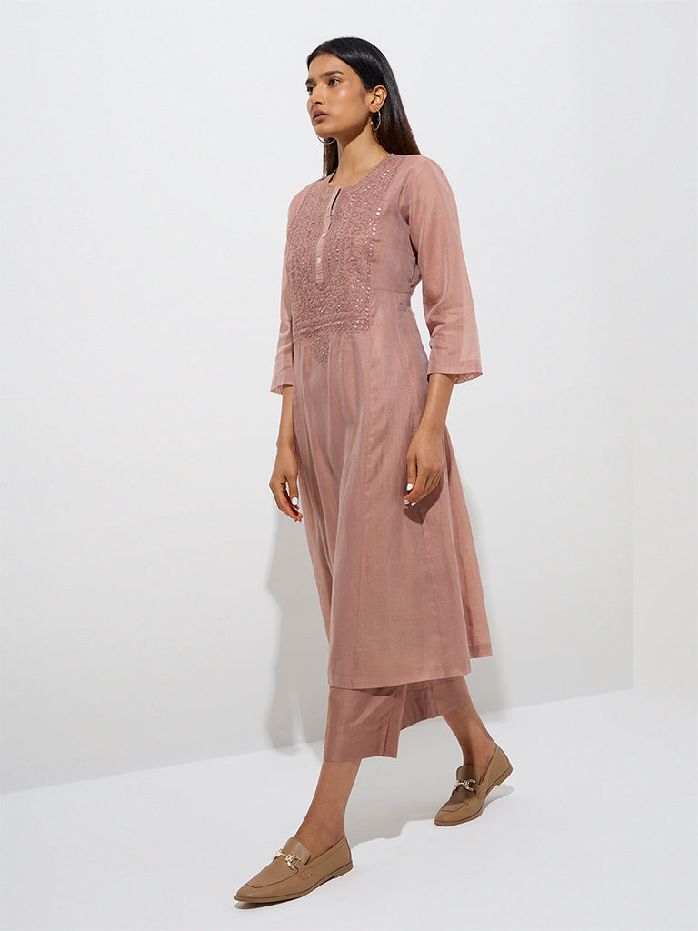 Zuba Dusty Pink Embroidered A-Line Kurta with Inner