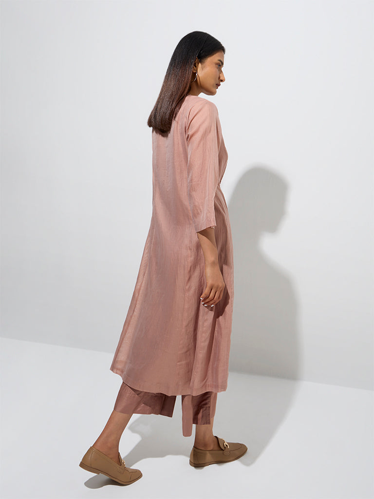 westisde Zuba Women's Dusty Pink Embroidered A-Line Kurta with Inner for Work Wear Back View