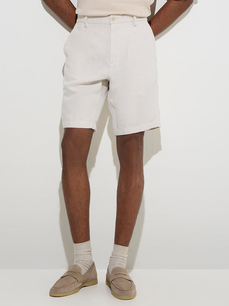 westisde Ascot Men's Off-White Relaxed-Fit Mid-Rise Cotton-Blend Shorts for Casual Wear Front View
