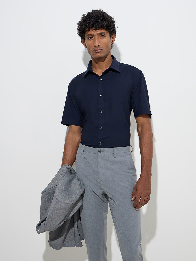 WES Formals Navy Solid Slim-Fit Shirt