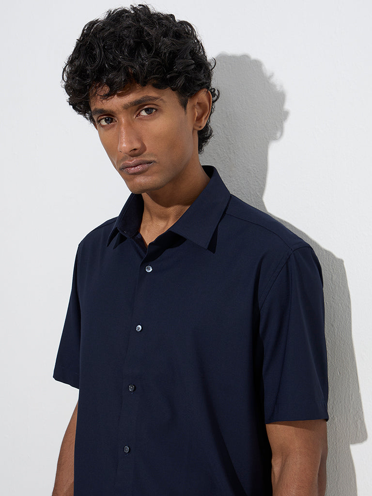 WES Formals Navy Solid Slim-Fit Shirt
