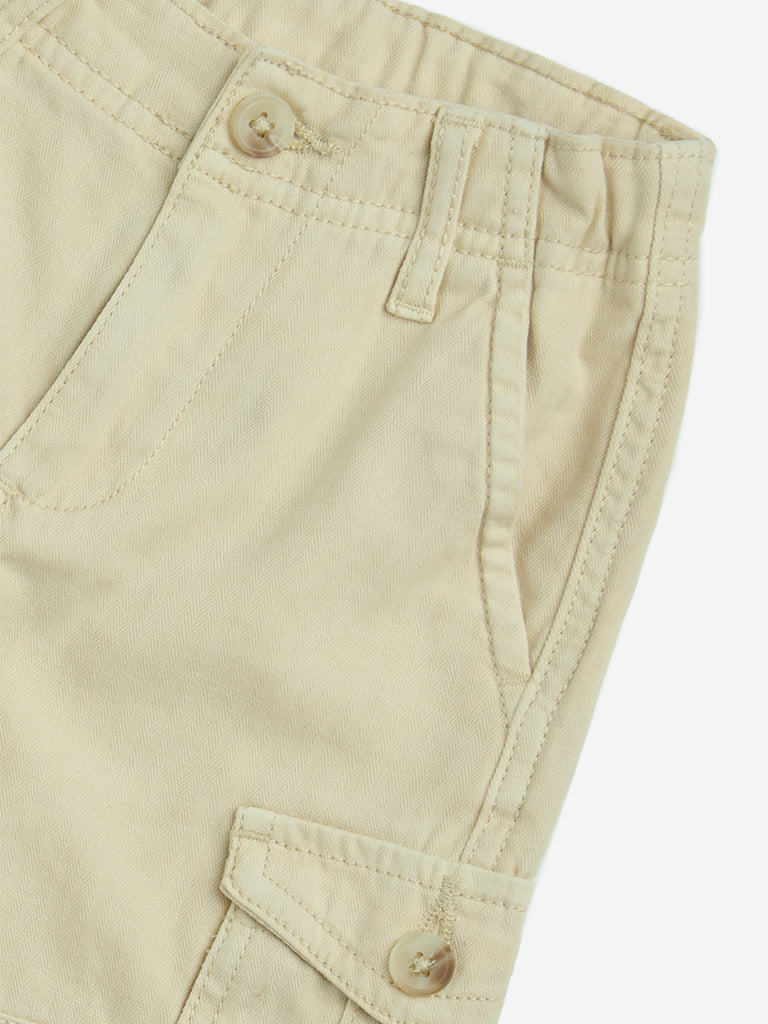 westisde HOP Boys' Kids Light Beige Cargo-Style Mid-Rise Denim Shorts for Casual Wear Zoom View