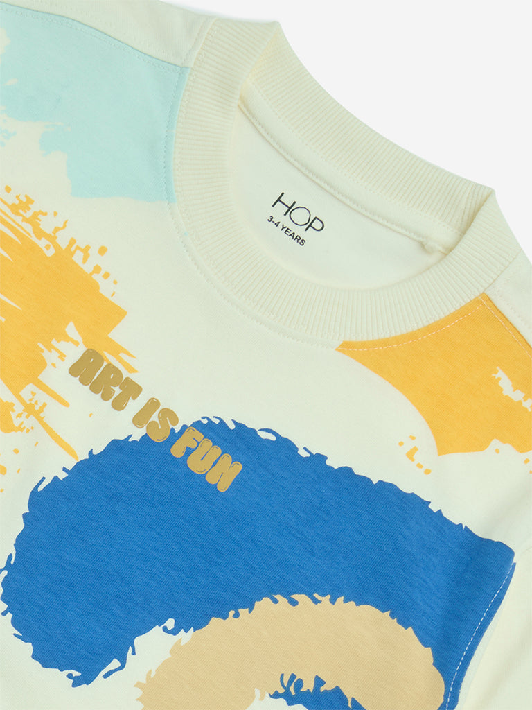 Westside HOP Boys' Kids Off-White Pouch-Attached Cotton T-Shirt for Casual Wear Zoom View