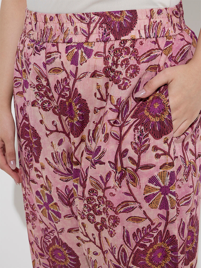 Westside Diza Women's Pink Botanical Design Ethnic Pants for Work Wear Zoom View