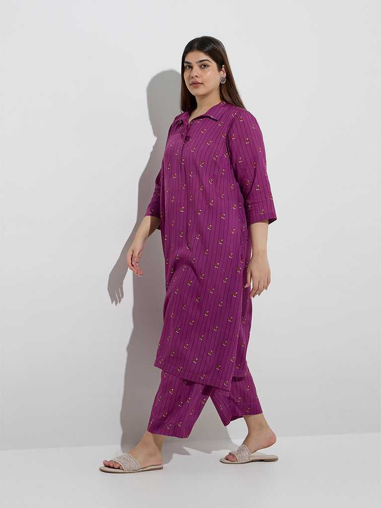 Diza Plum Stripe Printed A-Line Kurta