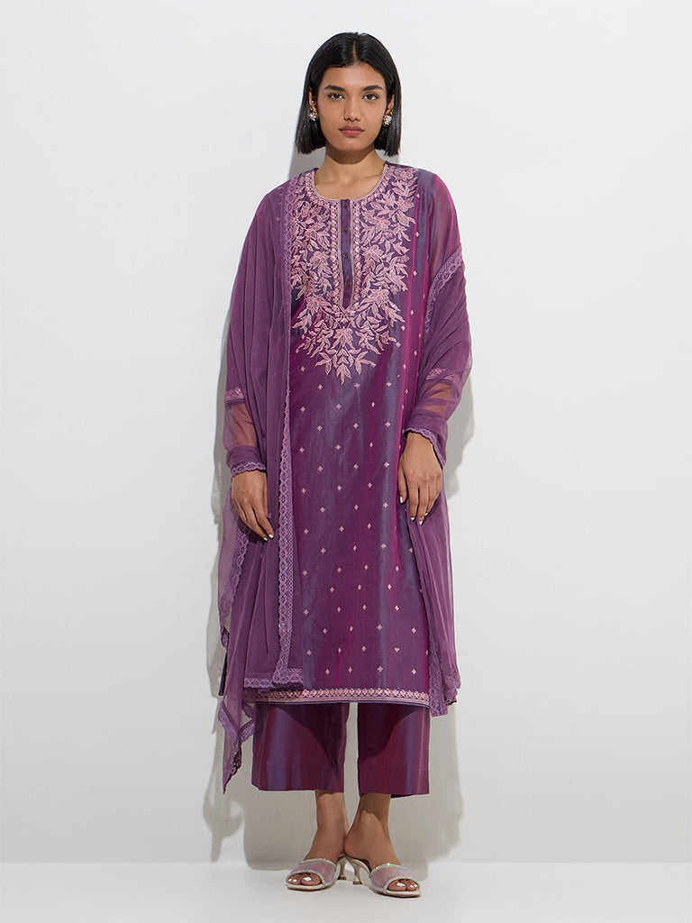 Buy Vark Purple Cotton-Blend Kurta, Palazzos and Dupatta Set from