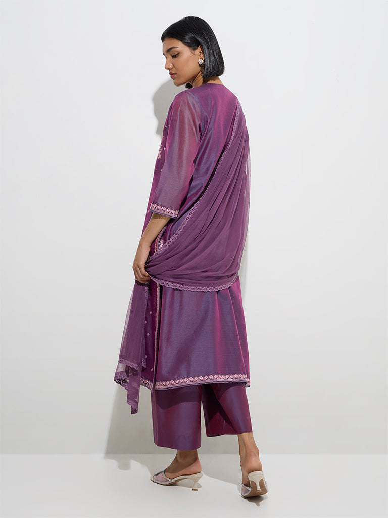 Westside Vark Women's Purple Cotton-Blend Kurta, Palazzos and Dupatta Set for Festive Wear Back View