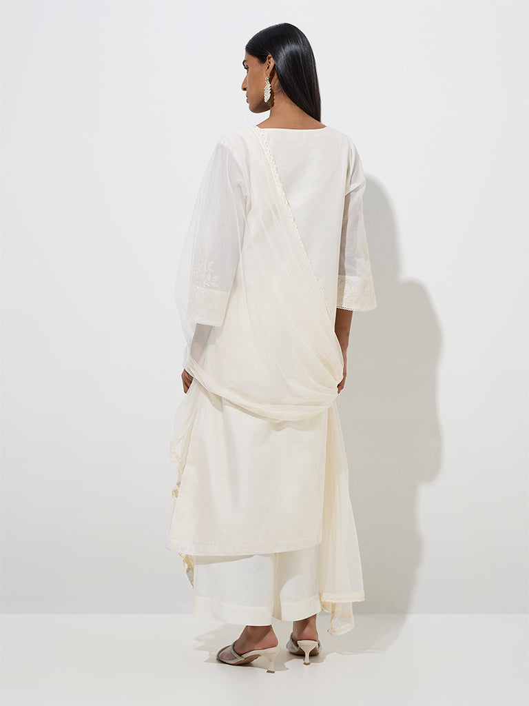 Westside Vark Women's White Cotton-Blend Kurta, Palazzos and Dupatta Set for Festive Wear Back View