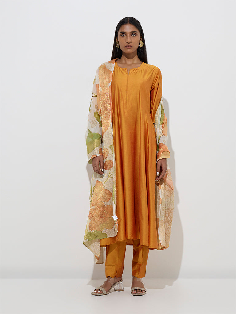 Vark Orange A-Line Kurta, Pants and Floral Dupatta Set