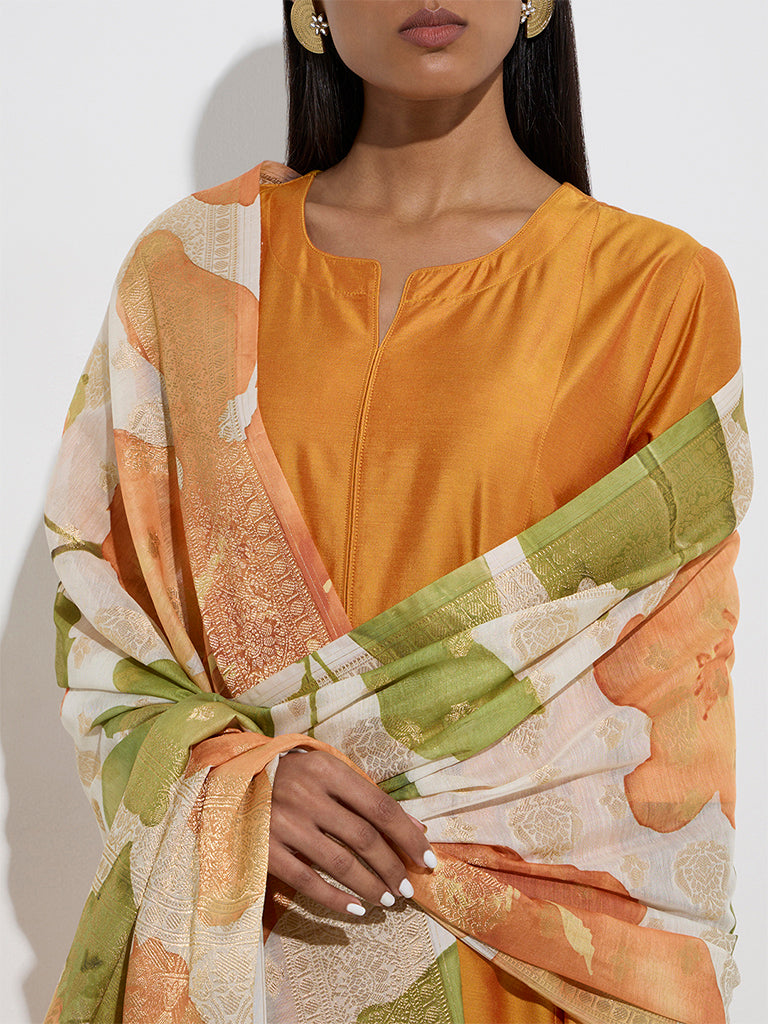 Vark Orange A-Line Kurta, Pants and Floral Dupatta Set