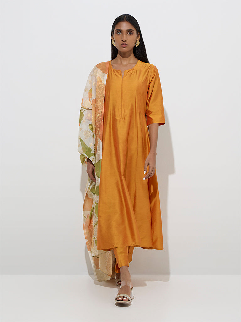 Vark Orange A-Line Kurta, Pants and Floral Dupatta Set