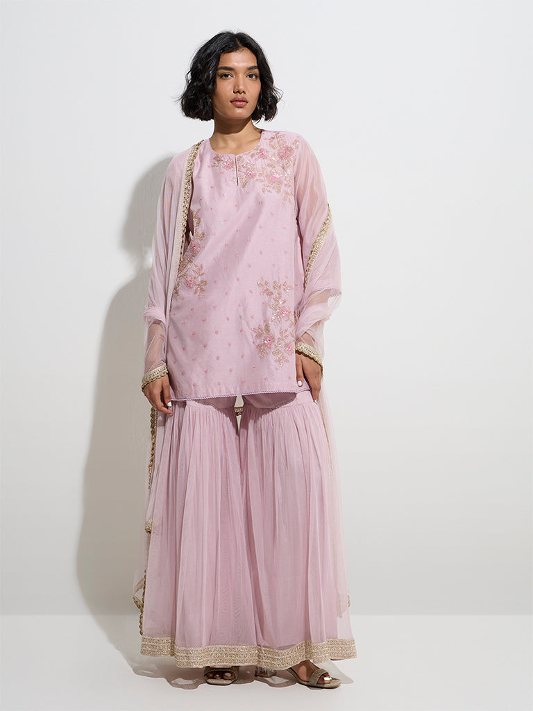 Vark Light Pink Straight Kurti, Sharara and Dupatta Set