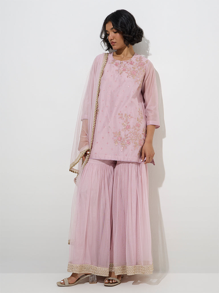Vark Light Pink Straight Kurti, Sharara and Dupatta Set