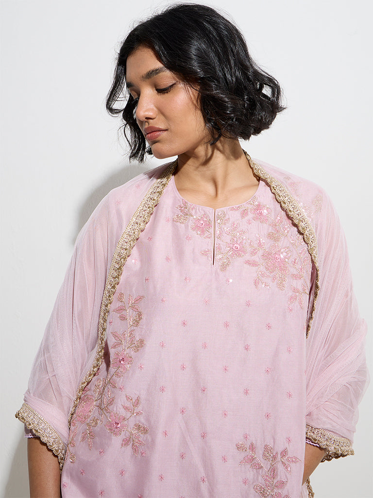Vark Light Pink Straight Kurti, Sharara and Dupatta Set