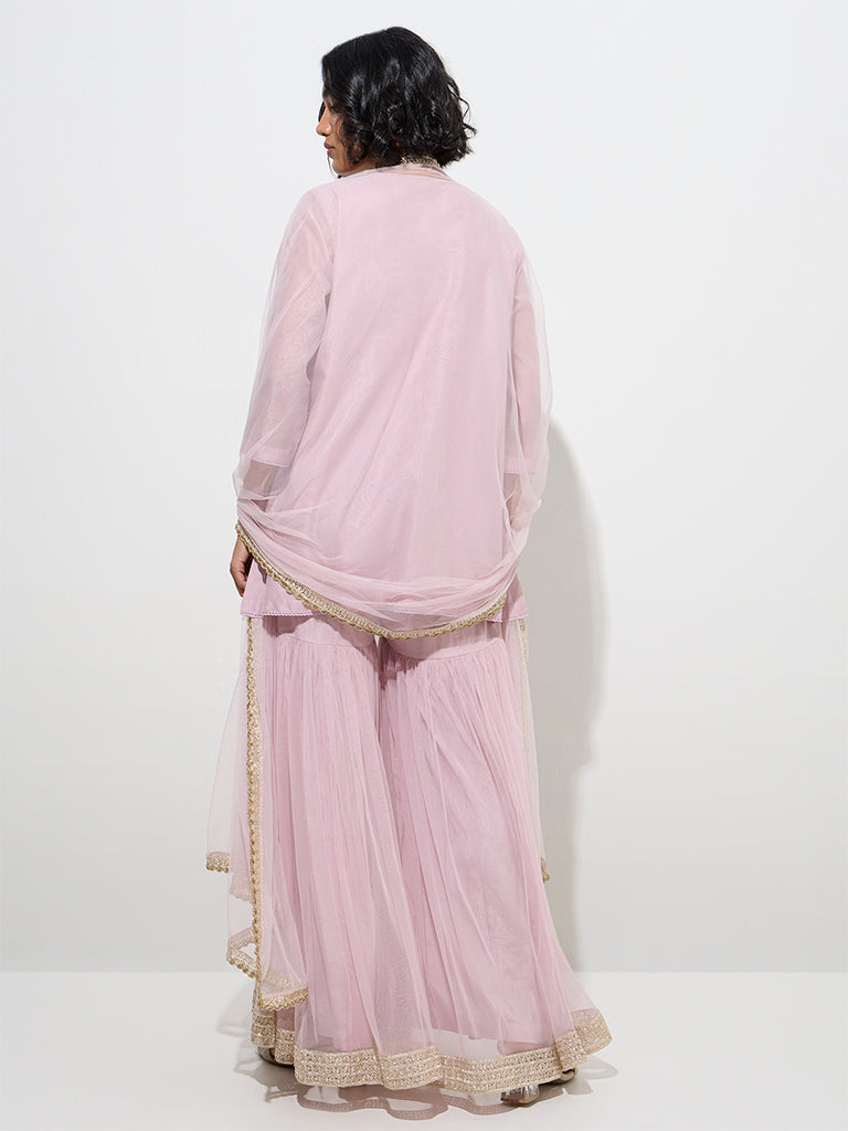 Westside Vark Women's Light Pink Straight Kurti, Sharara and Dupatta Set for Festive Wear Back View