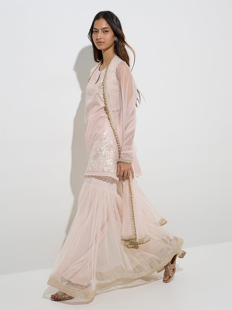 Vark Peach Cotton-Blend Kurti, Sharara and Dupatta Set