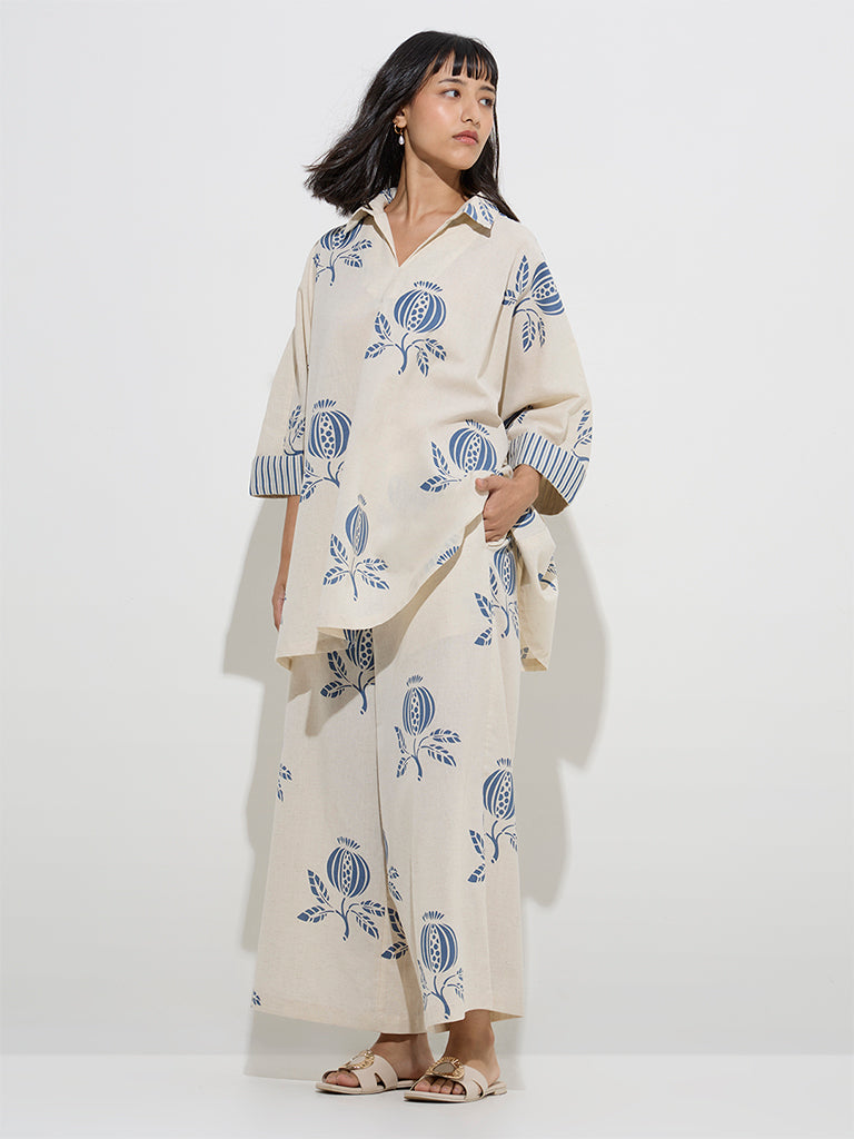 Westside Utsa Women's Indigo Botanical Design Cotton-Blend Kaftan for Work Wear Full Model View