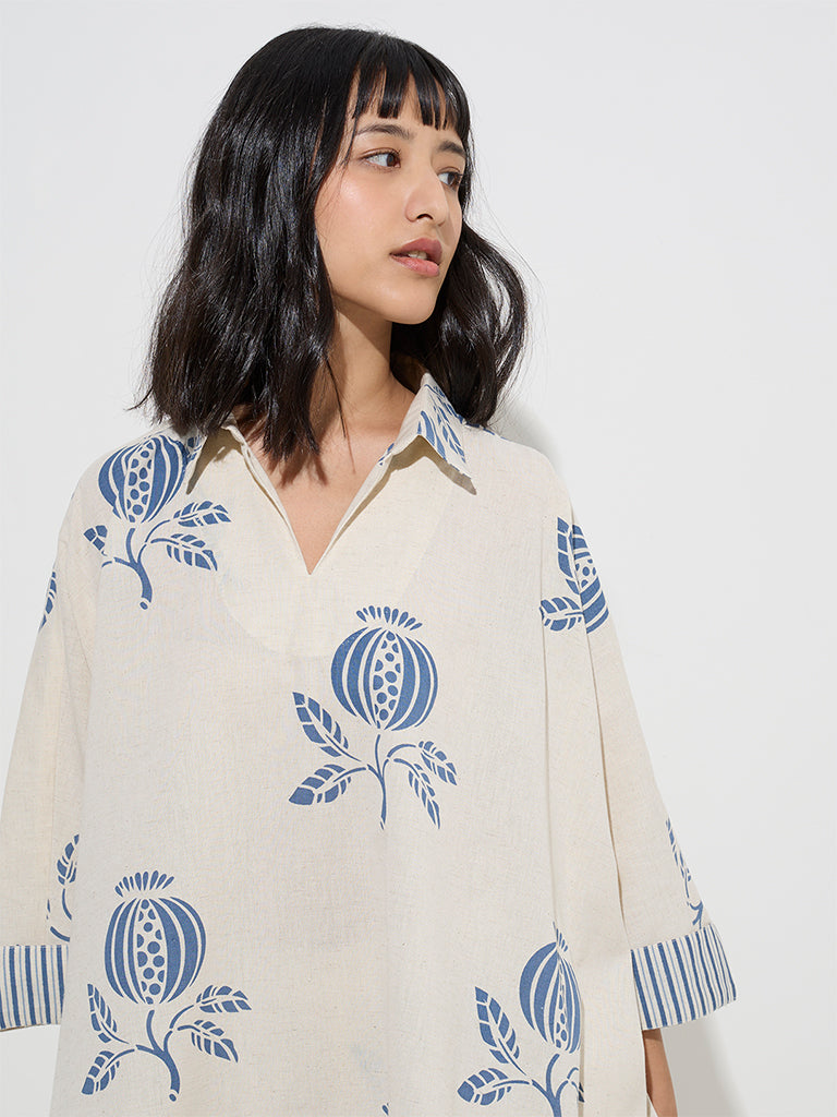 Westside Utsa Women's Indigo Botanical Design Cotton-Blend Kaftan for Work Wear Zoom View