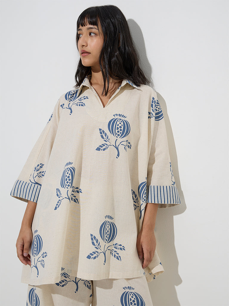 Westside Utsa Women's Indigo Botanical Design Cotton-Blend Kaftan for Work Wear Front View