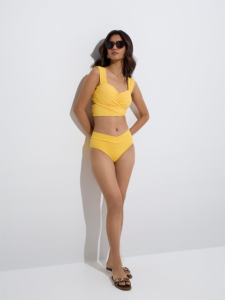 westisde Wunderlove Women's Swimwear Yellow Criss-Cross Waist Bikini Brief for Beachwear Full Model View