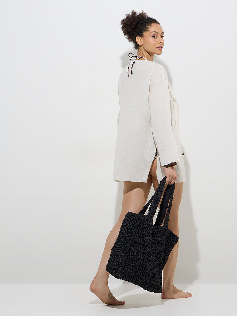 Westside Wunderlove Women's Swimwear Ivory Crinkle-Textured Kimono for Beachwear Back View