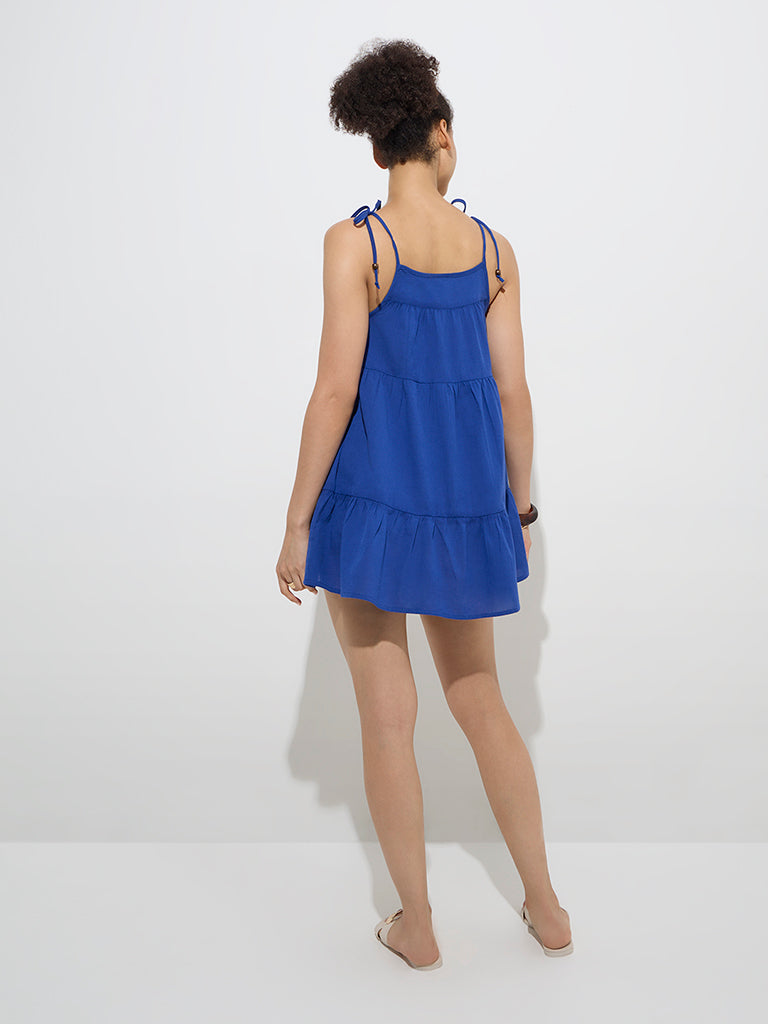 Westside Wunderlove Women's Blue Cotton-Blend Tiered Beach Dress for Beachwear Back View